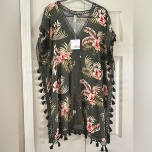 BAKU Swim Coverup OS Short Sleeve Deep V-Neck Semi-Sheer Coral Botanical Floral